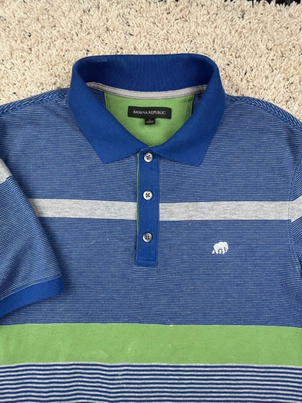 Banana Republic Polo Shirt Striped Blue Green Gray Mens Large w Elephant Logo